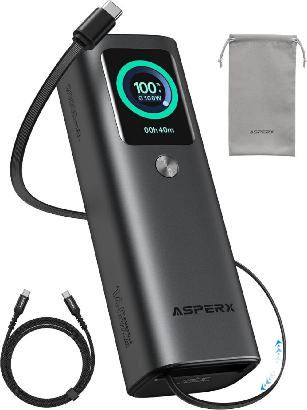 High-Capacity 165W Laptop Power Bank, 20,000mAh, Retractable Cable, Aluminum
